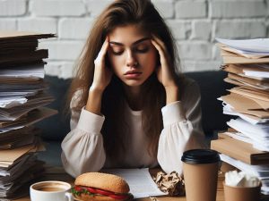 Mulher está em uma mesa com uma ilha de papeis e com as mãos na cabeça e olhos fechados demonstrando estar cansada devido as questões relacionadas à ansiedade no trabalho.