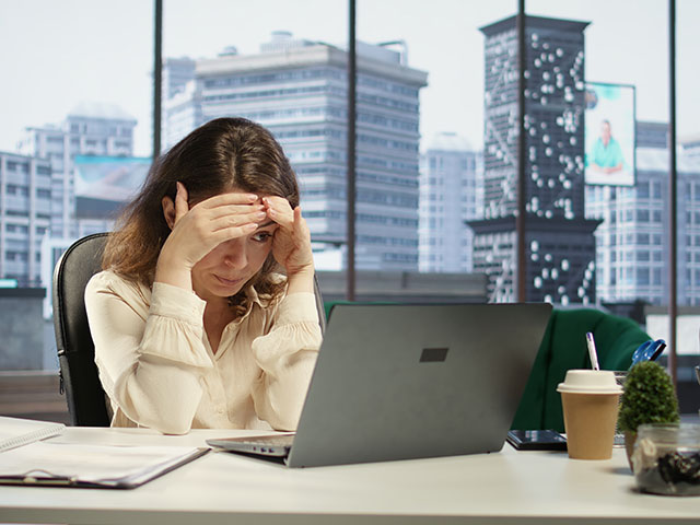 Mulher jovem e morena, visivelmente estressada e com as mãos na cabeça sofrendo devido ao burnout, sentada em frente a um laptop em um escritório com grandes janelas mostrando prédios urbanos.