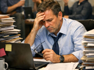 Gestor sobrecarregado ilustrando a dificuldade em delegar tarefas para a equipe