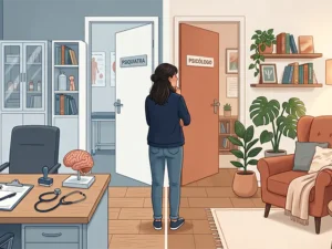 Ilustração comparando o consultório de psicólogo ou psiquiatra, representando a dúvida sobre qual profissional de saúde mental procurar.