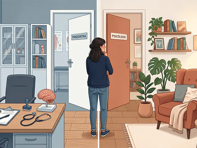 Ilustração comparando o consultório de psicólogo ou psiquiatra, representando a dúvida sobre qual profissional de saúde mental procurar.
