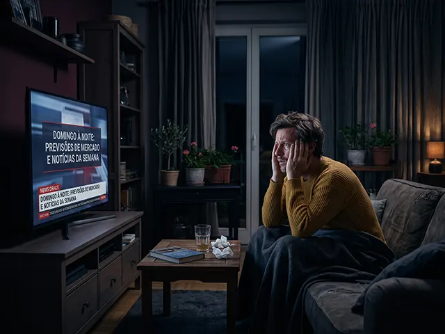 Homem assistindo TV no início da noite sentindo a ansiedade de domingo e ansiedade antecipatória.
