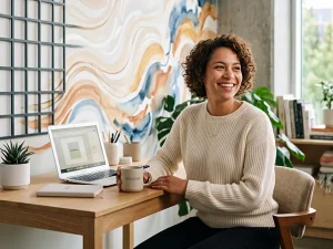 Texto Alternativo (ALT): Profissional relaxando na mesa de trabalho após superar o perfeccionismo e ansiedade com técnicas da TCC